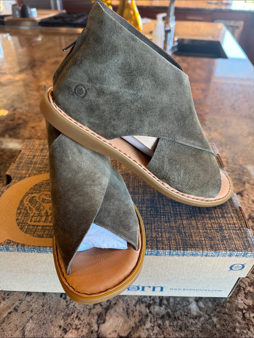 Born Olive Suede Open-Toe Wedge Sandals